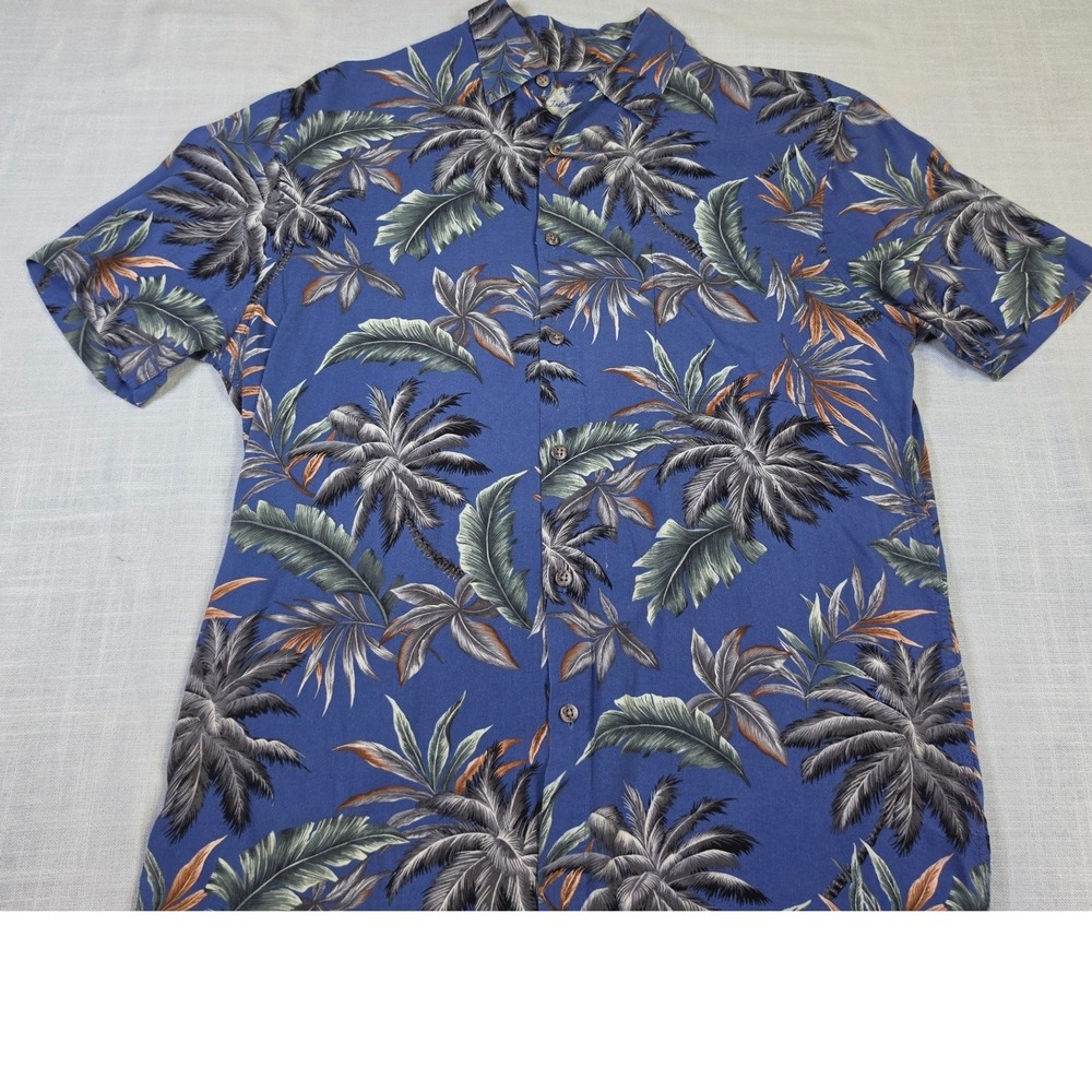Island Shores Men Medium Blue Palm Tree Tropical Rayon Short Sleeve Button Shirt